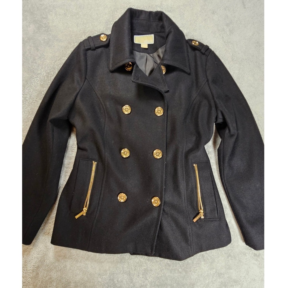 Michael Michael Kors Women Black Wool Blend Pea Coat Gold Buttons L preppy fall